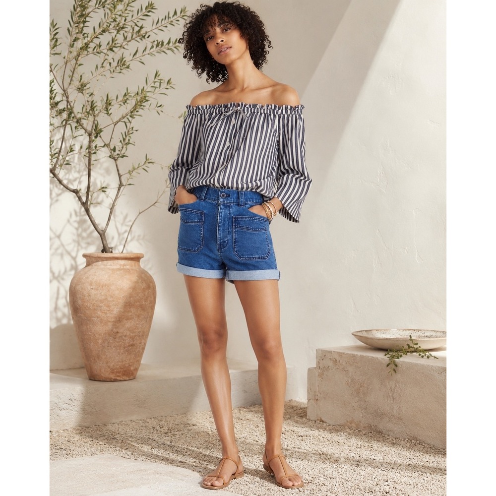 Madewell Off-the-Shoulder Striped Peasant Top Blue White Bell Sleeve Size S